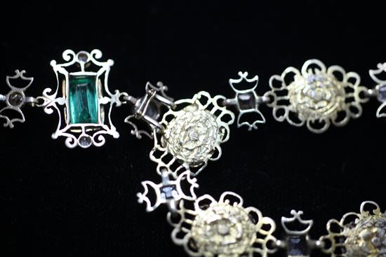 An antique gold and silver, emerald and diamond set demi-parure, necklace 20.5in.